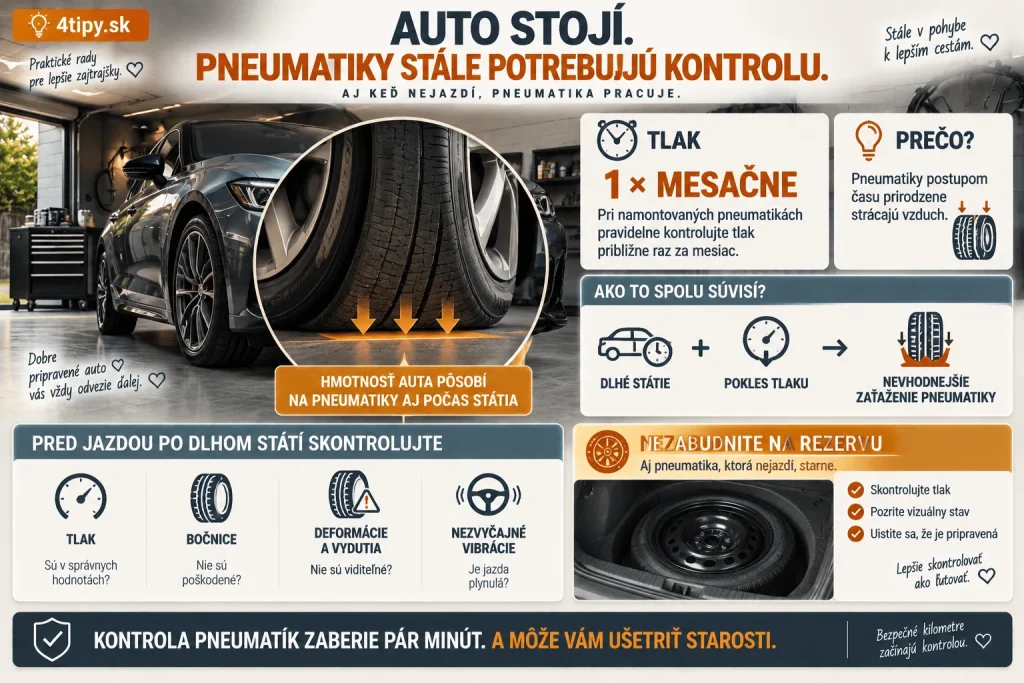 Auto odstavené niekoľko mesiacov a pneumatiky – infografika o dlhodobom státí vozidla, prirodzenej strate tlaku, zaťažení pneumatík, kontaktnej ploche, kontrole tlaku raz mesačne, rezervnej pneumatike a kontrole bočníc, deformácií a poškodenia. Starnutie pneumatík
