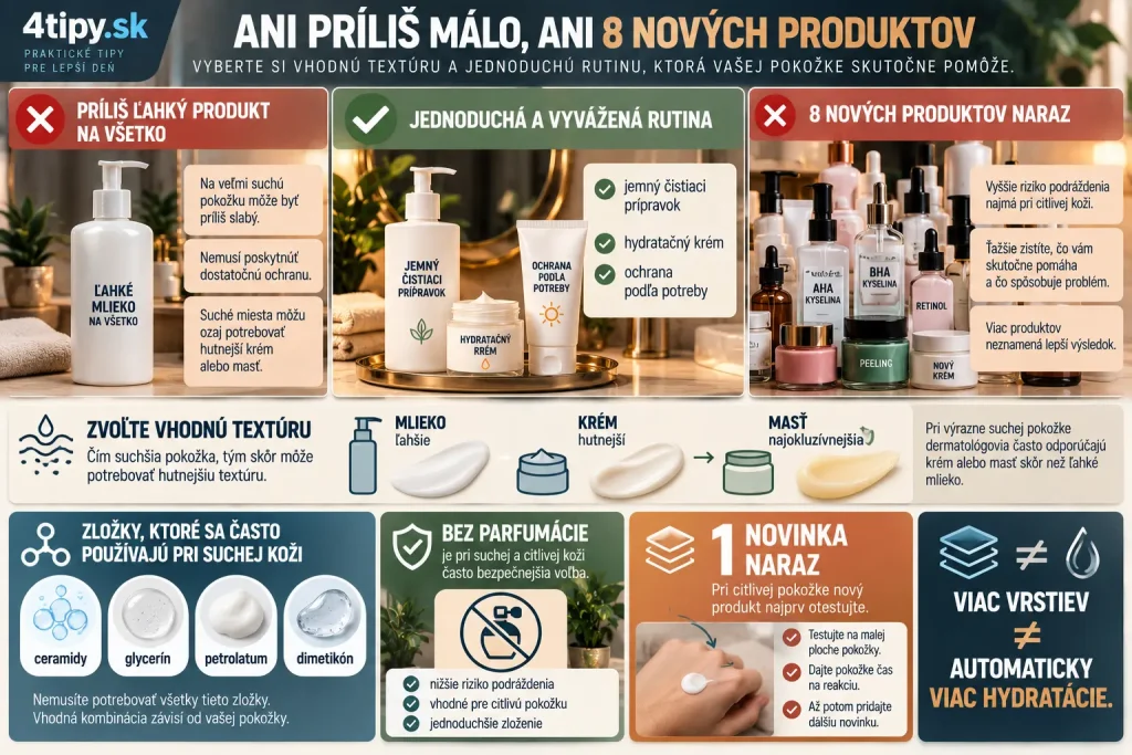 Krém na suchú pokožku na jeseň – rozdiel medzi telovým mliekom, krémom a masťou, hutnejšia hydratácia suchej pokožky, ceramidy, glycerín, petrolatum, produkty bez parfumácie, jednoduchá skincare rutina, vrstvenie kozmetiky a testovanie nových produktov.