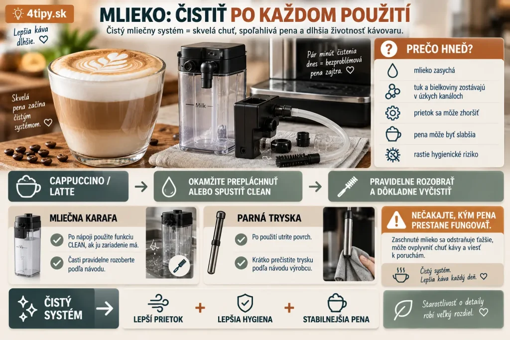 Čistenie mliečneho systému kávovaru – mliečna hadička, parná tryska, karafa na mlieko, cappuccino systém, čistenie po každom použití, zaschnuté mlieko, hygiena, slabá mliečna pena, čistiaci program a údržba automatického kávovaru na cappuccino a latte.