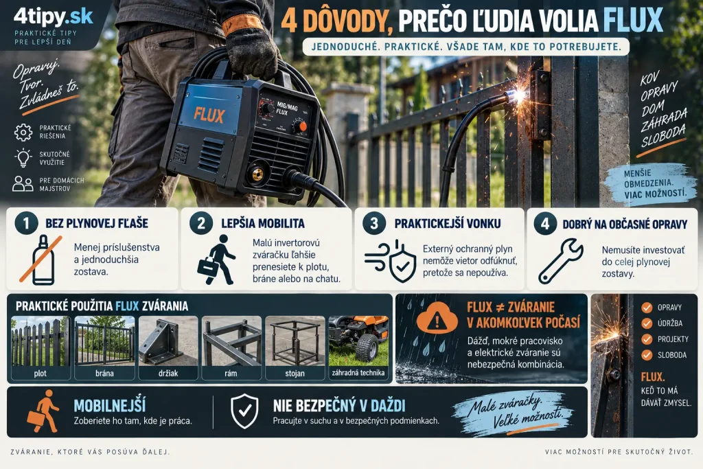 Výhody FLUX zvárania bez plynu – žiadna plynová fľaša, mobilná zváračka, zváranie vonku, menšia počiatočná investícia, domáce opravy, ploty, rámy, držiaky, záhradná technika, chata a praktická zváračka pre hobby použitie.