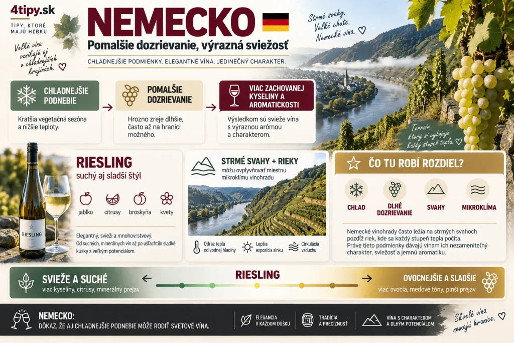 Infografika o nemeckom Rieslingu, chladnom vinárskom podnebí, pomalom dozrievaní hrozna, vysokej kyslosti, citrusových, jablkových, broskyňových a kvetinových arómach a vplyve strmých svahov a riek na mikroklímu vinohradov.