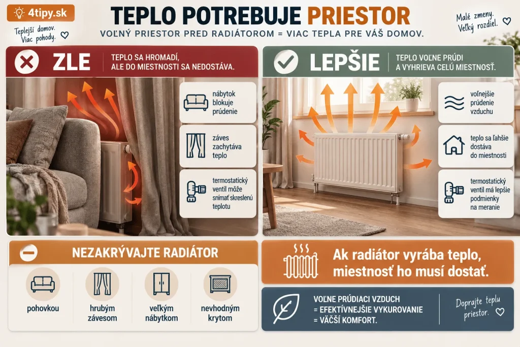 Radiátory a nábytok – ako správne vykurovať miestnosť, nezakrývať radiátor pohovkou, závesom alebo krytom, voľné prúdenie teplého vzduchu, termostatický ventil, efektívne kúrenie, úspora energie a lepšie rozloženie tepla v domácnosti.