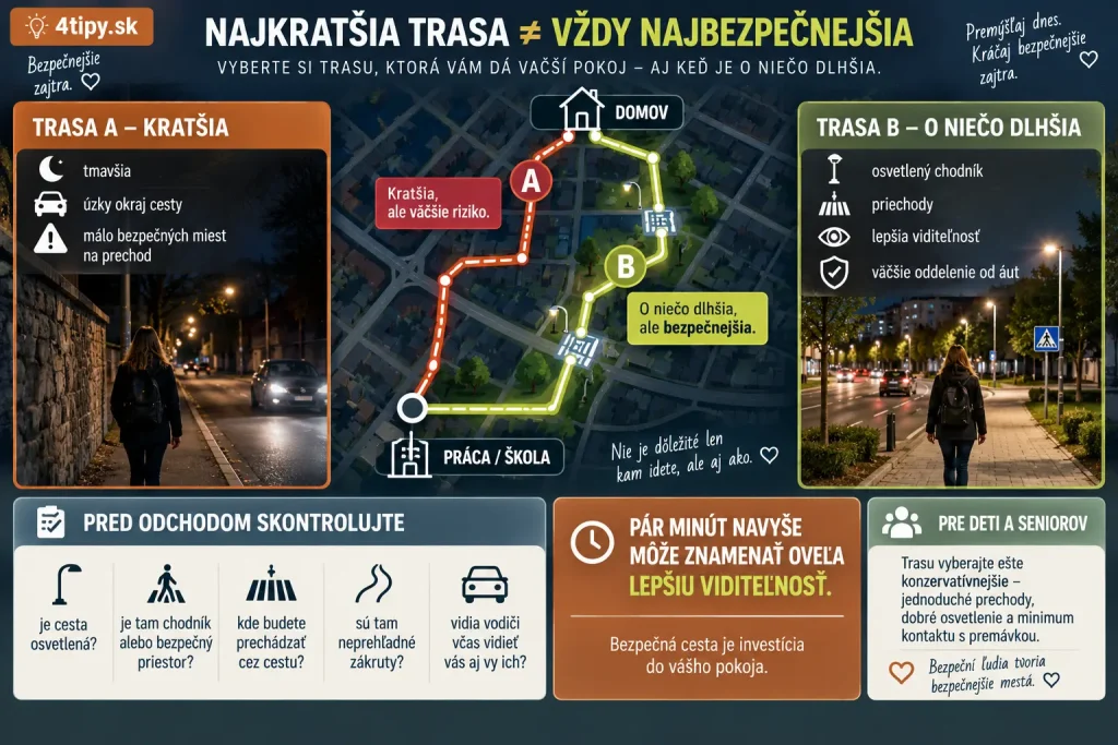 Bezpečnejšia cesta domov za tmy – osvetlený chodník, priechod pre chodcov, križovatka, bezpečná trasa pre peších a cyklistov, vyhnutie sa tmavým krajniciam, plánovanie večernej trasy, viditeľnosť vodičov a bezpečnosť pri skorom stmievaní.