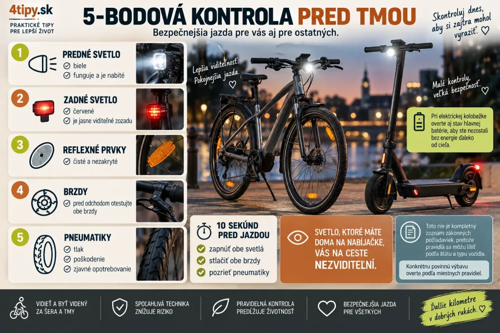 Kontrola bicykla a kolobežky pred jazdou za tmy – biele predné svetlo, červené zadné svetlo, reflexné prvky, brzdy, pneumatiky, tlak, batéria svetiel, viditeľnosť cyklistu, bezpečná jazda na bicykli a elektrickej kolobežke počas jesenných večerov.