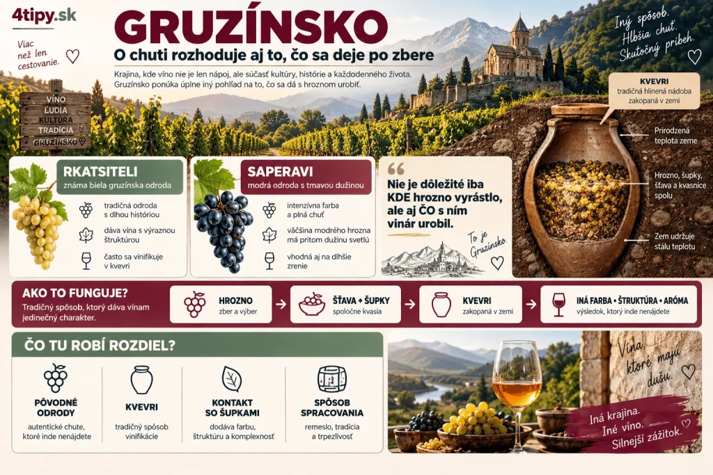 Infografika o gruzínskom víne, odrodách Rkatsiteli a Saperavi, tradičných hlinených nádobách kvevri, kontakte vína so šupkami a vplyve spôsobu spracovania hrozna na farbu, štruktúru a aromatický profil vína.