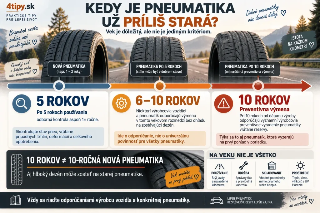 Kedy vymeniť starú pneumatiku – prehľad veku automobilových pneumatík, odborná kontrola po 5 rokoch používania aspoň raz ročne, odporúčania výrobcov približne 6 až 10 rokov a preventívna výmena pneumatík vrátane rezervy po 10 rokoch od výroby.