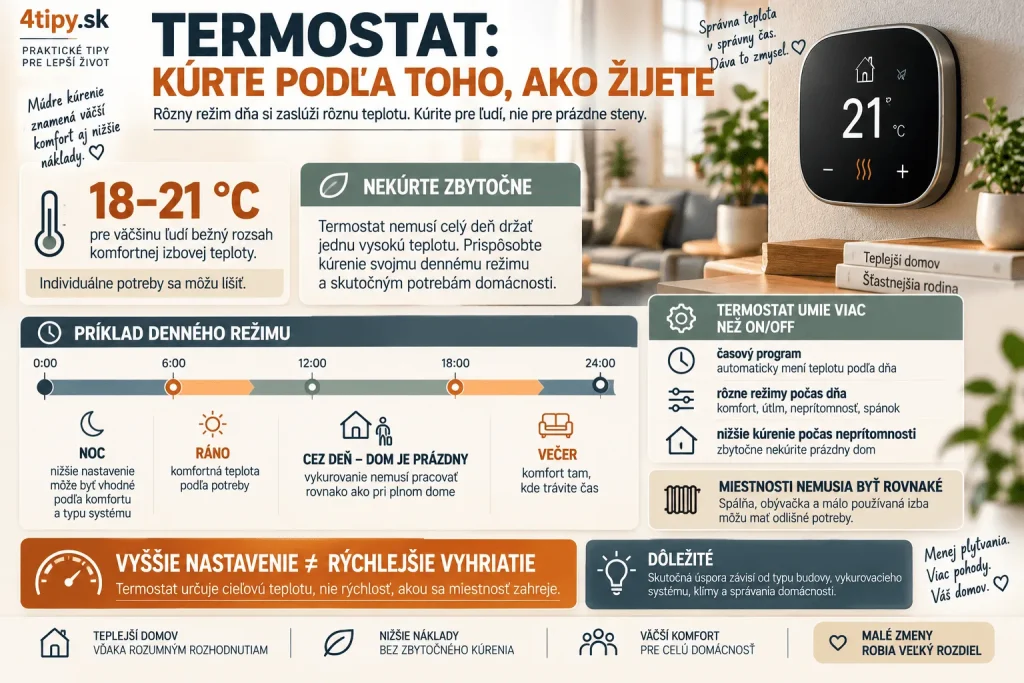 Nastavenie termostatu a úspora energie – odporúčaná komfortná teplota približne 18 až 21 °C pre väčšinu domácností, programovateľný termostat, nižšia teplota počas neprítomnosti a spánku, vykurovací režim, termostatické ventily a efektívne kúrenie.