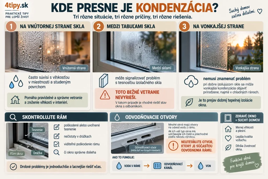 Kontrola okien pri kondenzácii – tesnenie okna, poškodené gumové tesnenia, odvodňovacie a drenážne otvory rámu, kondenzácia medzi sklami, zahmlené izolačné dvojsklo, voda vo vnútri okna, údržba plastových a hliníkových okien a diagnostika rosenia.