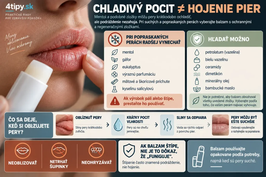 Suché a popraskané pery na jeseň – neoblizovať pery, balzam bez mentolu, gáfru, eukalyptu, parfumácie a kyseliny salicylovej, petrolatum, ceramidy, dimetikón, bambucké maslo, vazelína a správna starostlivosť o popraskané pery v chladnom počasí.