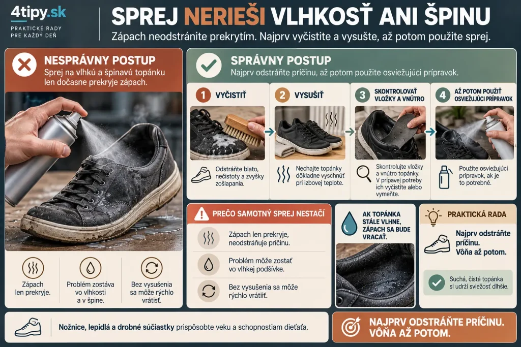 Zápach z topánok a deodorant do obuvi – sprej na topánky, baktérie vo vlhkej obuvi, čistenie topánok pred deodoráciou, ako odstrániť zápach z topánok, mokré tenisky, sušenie obuvi, čistenie vložiek a vnútorného materiálu, domáce tipy proti zápachu topánok.