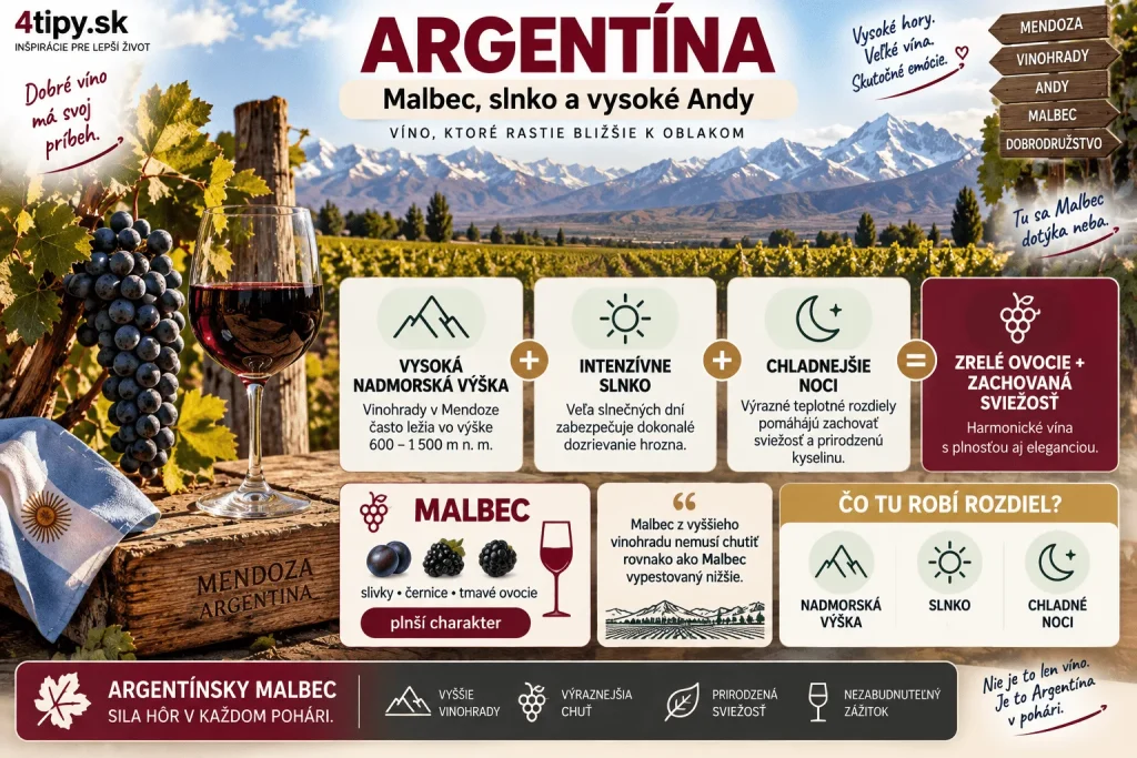 Infografika o argentínskom Malbecu, vinohradoch v okolí Mendozy a Ánd, vysokej nadmorskej výške, intenzívnom slnku, chladných nociach a arómach sliviek, černíc a tmavého ovocia v argentínskom víne.