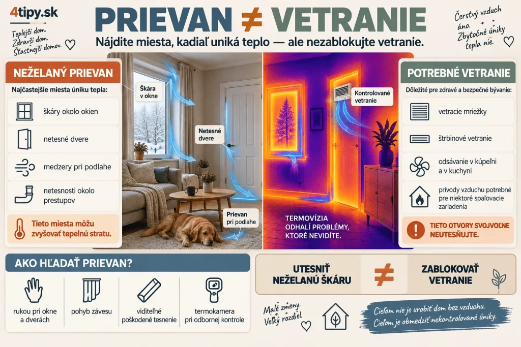 Tepelné straty v domácnosti a prievan – kontrola okien, dverí, škár, tesnení, netesností, únik tepla a draught proofing, úspora kúrenia, termokamera, vetracie mriežky, okenné štrbinové vetranie a bezpečné vetranie domácnosti počas zimy.