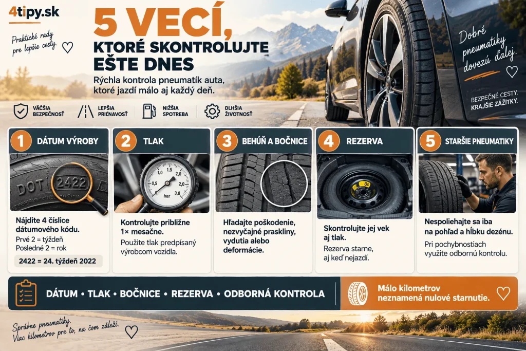 Kontrola pneumatík auta v piatich krokoch – skontrolujte DOT dátum výroby, správny tlak pneumatík, behúň a bočnice, vydutia a poškodenia, rezervnú pneumatiku a staršie pneumatiky nechajte odborne skontrolovať. Praktická kontrola bezpečnosti a starnutia pneumatík. Starnutie pneumatík