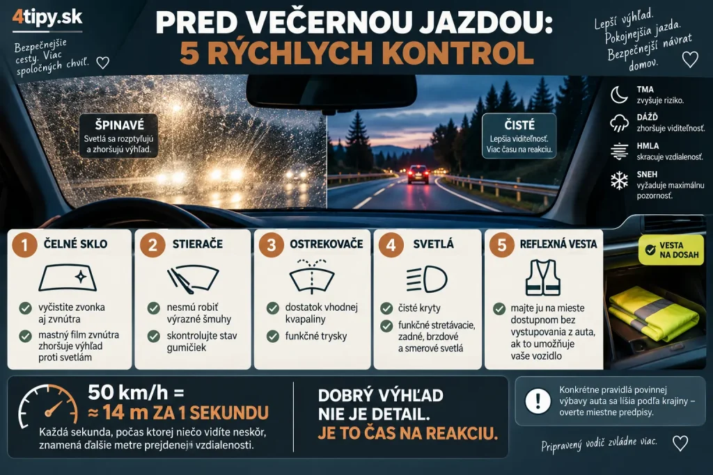 Auto a bezpečnosť pri skorom stmievaní – reflexná vesta na dosah vodiča, čisté čelné sklo zvnútra aj zvonka, svetlomety, stierače, ostrekovače, zahmlievanie skla, výhľad vodiča za tmy, bezpečná jazda na jeseň a príprava auta na večernú jazdu. 