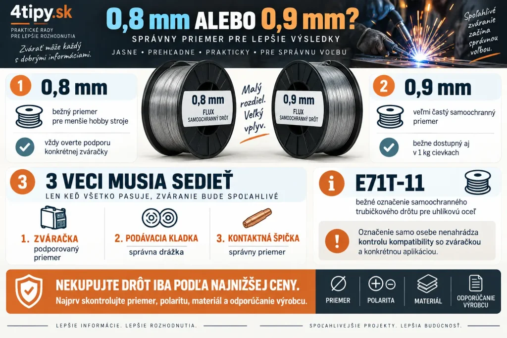 Aký FLUX drôt kúpiť – samoochranný trubičkový drôt 0,8 mm a 0,9 mm, E71T-11, cievka 1 kg, podávacia kladka, kontaktná špička, priemer drôtu podľa zváračky a výber drôtu na hobby zváranie ocele bez plynu.