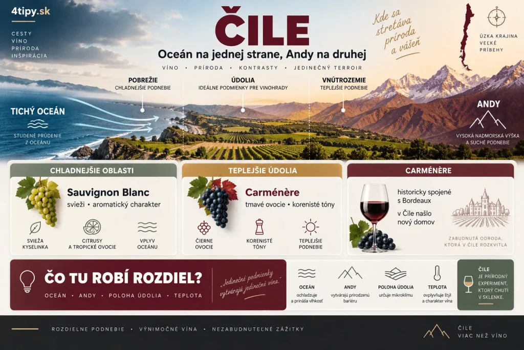 Infografika o čilskom víne medzi Tichým oceánom a Andami, ktorá vysvetľuje chladný oceánsky vplyv, teplejšie vnútrozemské údolia, Sauvignon Blanc, Carménère a rozdiel medzi sviežimi aromatickými a plnšími červenými vínami Čile.