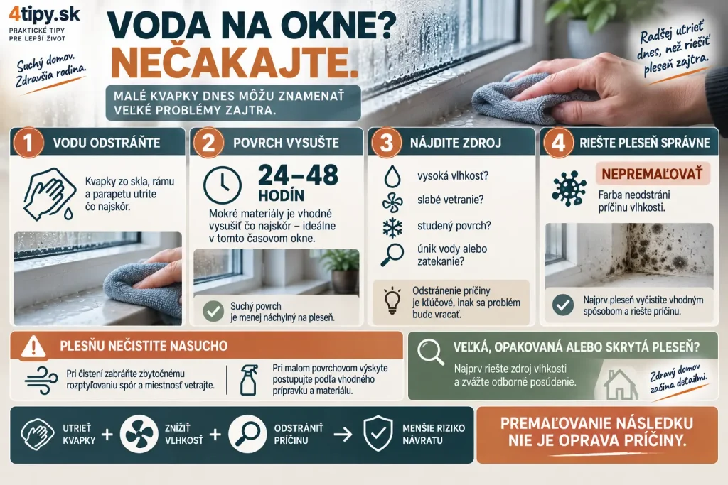Pleseň pri oknách a kondenzácia – okamžité utieranie kvapiek vody, vysušenie vlhkých povrchov do 24 až 48 hodín, odstránenie príčiny vlhkosti, čistenie plesne, nepremaľovať pleseň, vetranie, ochrana stien, parapetu a okenných rámov pred plesňou.