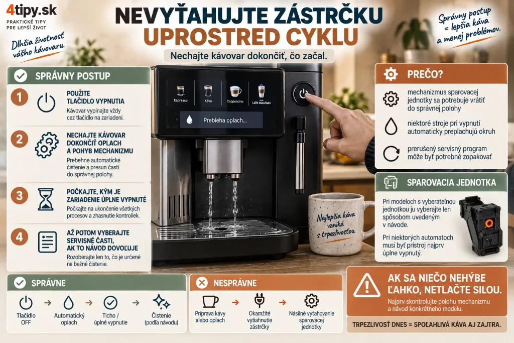 Správne vypínanie automatického kávovaru – dokončenie automatického oplachu, hlavné vypnutie, čistenie sparovacej jednotky, bezpečné vyberanie brew group, nevypínať kávovar zo zásuvky počas programu, servisný cyklus, údržba a správne rozoberanie espresso kávovaru.
