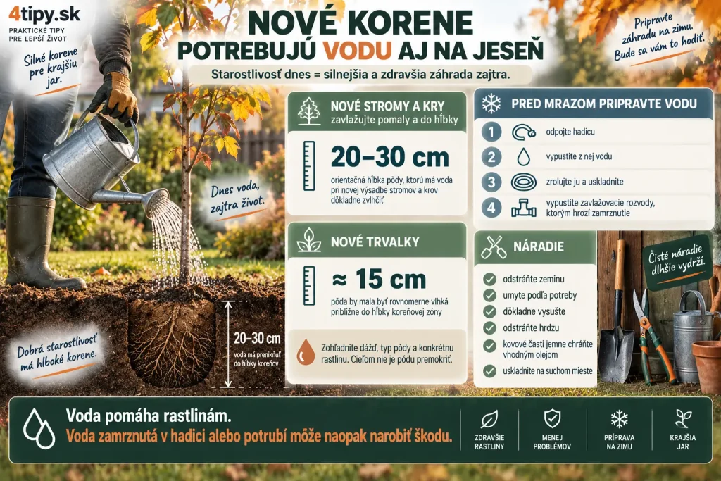 Jesenné zalievanie nových výsadieb a zazimovanie záhradného náradia – hlboká zálievka stromov, kríkov a trvaliek, koreňová zóna, vypustenie záhradnej hadice a zavlažovania pred mrazom, čistenie záhradného náradia, sušenie, ochrana proti hrdzi a príprava záhrady na zimu.