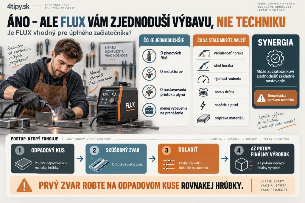 FLUX zváranie pre začiatočníka – synergická zváračka, jednoduchšie zváranie bez plynovej fľaše, nastavenie posuvu drôtu, napätia, prúdu, vzdialenosti horáka, uhla a rýchlosti vedenia, skúšobný zvar a prvé kroky pri domácom MIG zváraní.
