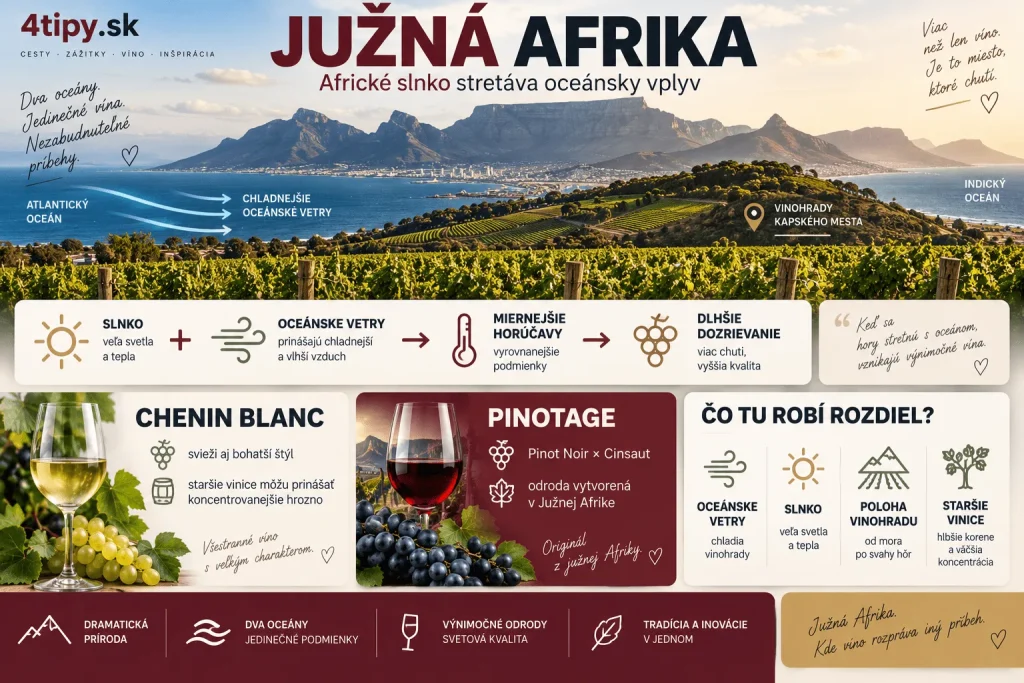 Infografika o juhoafrickom víne, vinohradoch pri Kapskom Meste, oceánskom vplyve a vetroch, odrodách Chenin Blanc a Pinotage, starých viničoch a vplyve slnka a ochladzovania na dozrievanie a koncentráciu hrozna.