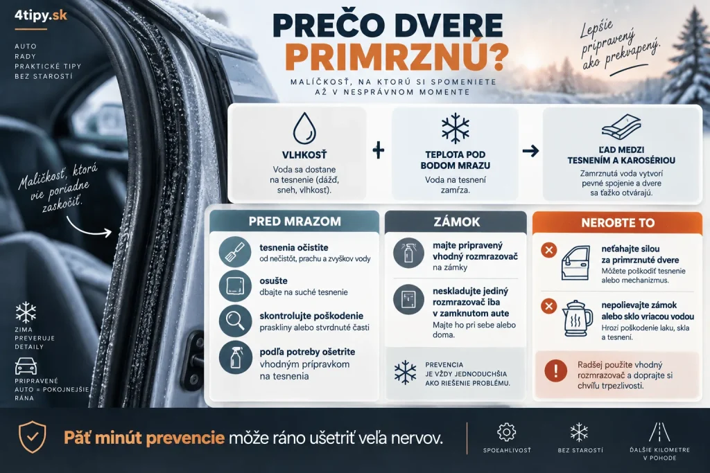 Tesnenia dverí a zámky auta v zime – zamrznuté dvere automobilu, primrznuté gumové tesnenia, voda, vlhkosť, námraza, ošetrenie tesnení, rozmrazovač zámkov a príprava dverí auta na prvé mrazy bez poškodenia gumy a laku.